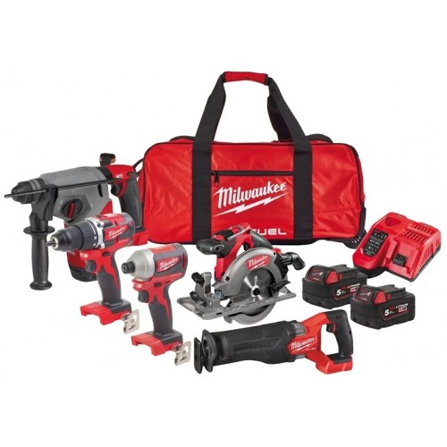 MILWAUKEE M18PP5B-502B АКУМУЛАТОРЕН КОМПЛЕКТ 5 МАШИНИ В ЧАНТА С 2 БАТЕРИИ 5 AH И ЗАРЯДНО - 4933479541 - Перфоратори - Акумулаторни