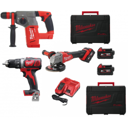 MILWAUKEE M18 АКУМУЛАТОРЕН КОМПЛЕКТ ЪГЛОШЛАЙФ, ВИНТОВЕРТ И ПЕРФОРАТОР 3 БАТЕРИИ x 5.0 Ah MILWAUKEE M18 АКУМУЛАТОРЕН КОМПЛЕКТ ЪГЛОШЛАЙФ, ВИНТОВЕРТ И ПЕРФОРАТОР 3 БАТЕРИИ x 5.0 Ah
