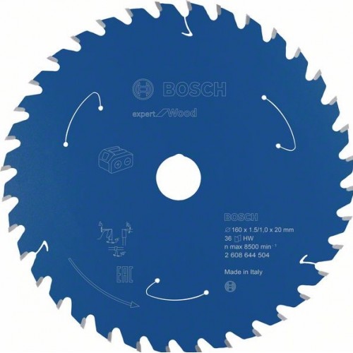 BOSCH Циркулярен Диск за акумулаторни циркуляри Expert for Wood 160x20x1.5/1x36T - 2608644504 - Външен диаметър: 160 mmОтвор: 20 mmШирочина на рязане (b1) / дебелина на основния диск (b2): 1,5 mm/1,0 mmБрой на зъбите: 36Форма на зъбите: ATBМакс. BOSCH Циркулярен Диск за акумулаторни циркуляри Expert for Wood 160x20x1.5/1x36T - 2608644504 - Консумативи за циркуляри