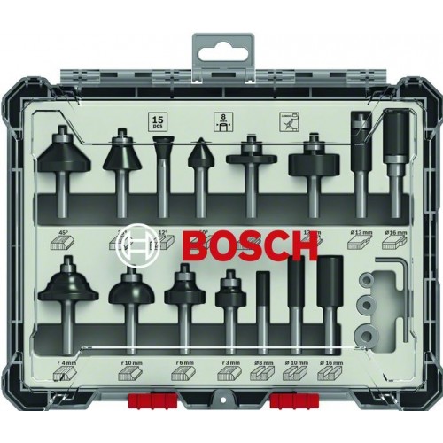 BOSCH Комплект фрезери 15 бр смесен 8mm опашка - 2607017472 - За оберфрези