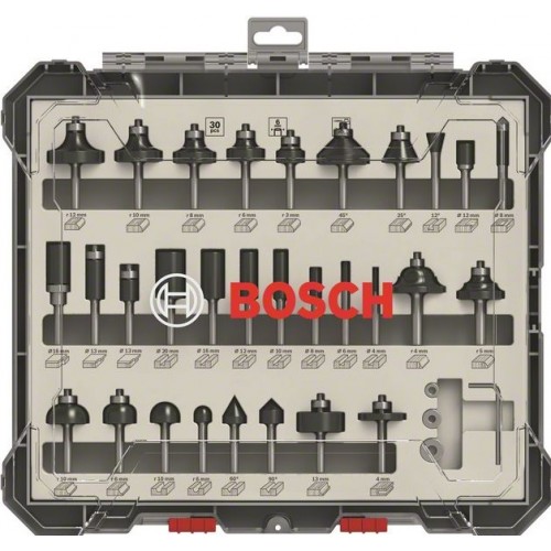 BOSCH Комплект фрезери 30 бр смесен 6mm опашка - 2607017474 - R12 38x19, R10 32x16, R8 29x13, R6 25x13, R3 19x10, 45º 35x16, 25º 25x13, 12º 13x12, 12x13, 8x19, 16x25, 13x25, 12x12, 20x30, 16x30, 12x30, 10x30, 8x2 BOSCH Комплект фрезери 30 бр смесен 6mm опашка - 2607017474 - За оберфрези