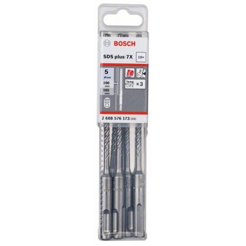 Bosch Свредлa SDS plus 7X 10 бр 5x100x165mm - 2608576173 - За Армиран бетон, Естествен камък, Бетон, Зидария10 бр 5x100x165mm Bosch Свредлa SDS plus 7X 10 бр 5x100x165mm - 2608576173 - Свредла за перфоратори и къртачи