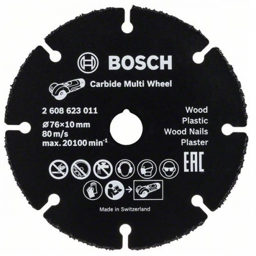 BOSCH Диск Ъглошлайф за Дърво и Пластмаса 76 mm - 2608623011 - Диаметър: 76 mmДиаметър на отвора: 10,00 mmДебелина: 1,0 mmПодходящ за обработваеми материали (детайл): Дървесина с пирониМедТвърда дървесина/масивно BOSCH Диск Ъглошлайф за Дърво и Пластмаса 76 mm - 2608623011 - Карбидна серия консумативи за циркуляри BOSCH