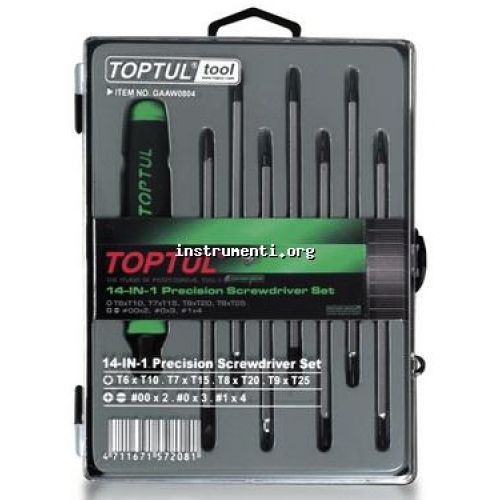 Отвертки финни 14 в 1 TOPTUL - GAAW0804 - Комплект финни отвертки 14 в 1 TOPTULT6xT10, T7xT15, T8xT20, T9XT25PH0x-2, PHO0x-3 и PH1x-4Комплектът финни отвертки 14 в 1 TOPTUL включва T6xT10, T7x Отвертки финни 14 в 1 TOPTUL - GAAW0804 - TOPTUL