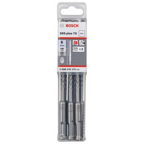 Bosch Свредлa SDS plus 7X 10 бр 6x100x165mm - 2608576175 - За Армиран бетон, Естествен камък, Бетон, Зидария10 бр 6x100x165mm Bosch Свредлa SDS plus 7X 10 бр 6x100x165mm - 2608576175 - Свредла за перфоратори и къртачи