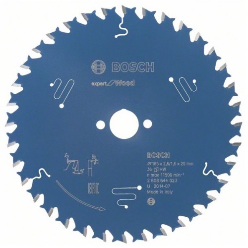 BOSCH Циркулярен диск Expert for Wood 165x20x2.6-36T - 2608644023 - Външен диаметър: 165 mmОтвор: 20 mmШирочина на рязане (b1) / дебелина на основния диск (b2): 2,6/1,6Брой на зъбите: 36Форма на зъбите: ATBМакс. оборот BOSCH Циркулярен диск Expert for Wood 165x20x2.6-36T - 2608644023 - Консумативи за циркуляри