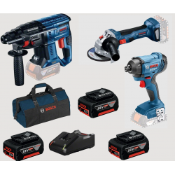 Bosch Акумулаторен комплект Перфоратор GBH 180 + Ъглошлайф GWS 180 + Гайковерт GDR 18V-160 + 3x4.0 Ah и зарядно в чанта Bosch Акумулаторен комплект Перфоратор GBH 180 + Ъглошлайф GWS 180 + Гайковерт GDR 18V-160 + 3x4.0 Ah и зарядно в чанта
