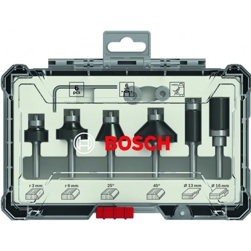 BOSCH Комплект фрезери 6 бр подравняване и кантиране 6mm опашка - 2607017468 - R3 19x10, R6 25x13, 25º 25x13, 45º 35x16, 13x25, 16x25 mm, лагериВключеният комплект съдържа: Типове фрезери за оберфреза: 2 Х фрезер за закръгляване; BOSCH Комплект фрезери 6 бр подравняване и кантиране 6mm опашка - 2607017468 - За оберфрези