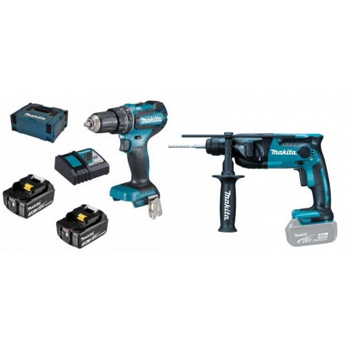 Makita Акумулаторен ударен винтоверт DHP485RFJ, 2x3.0Ah, Зарядно, Куфар + Makita Акумулаторен Перфоратор DHR165Z SOLO - DHP485RFJ+DHR165Z - Винтоверти - Професионални