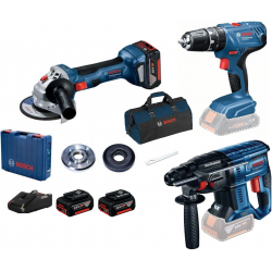 Bosch GWS 180 125mm Акумулаторен ъглошлайф 3x4.0 Ah + Перфоратор GBH 180 + Винтоверт GSB 18V-21 + Чанта