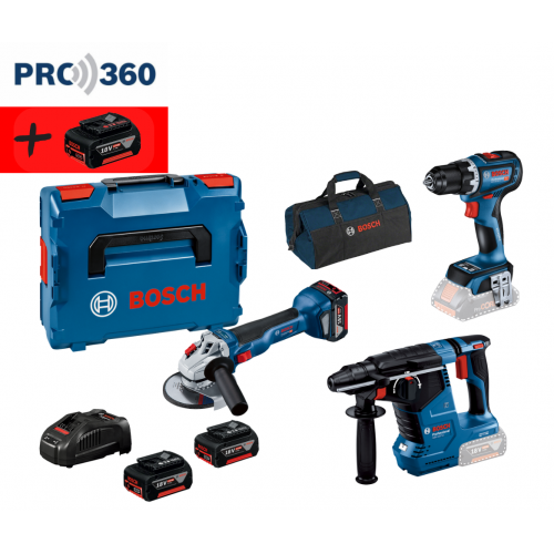 BOSCH Акумулаторен комплект Ъглошлайф GWS 18V-10 + Перфоратор GBH 187 + Винтоверт GSR 18V-90 С 2X5.0 + 1X4.0 + ЧАНТА BOSCH Акумулаторен комплект Ъглошлайф GWS 18V-10 + Перфоратор GBH 187 + Винтоверт GSR 18V-90 С 2X5.0 + 1X4.0 + ЧАНТА