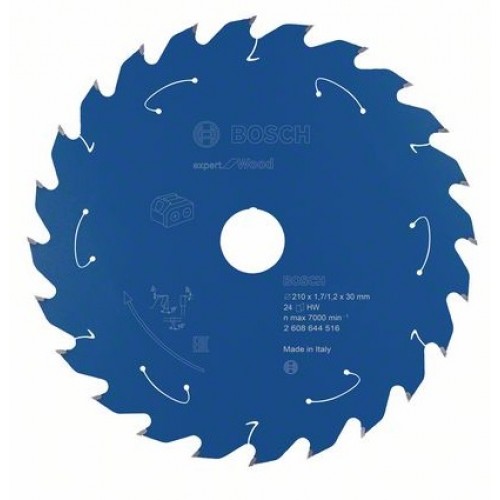 BOSCH Циркулярен Диск за акумулаторни циркуляри Expert for Wood 210x30x1.7/1.2x24T - 2608644516 - Външен диаметър: 210 mmОтвор: 30 mmШирочина на рязане (b1) / дебелина на основния диск (b2): 1,7 mm/1,2 mmБрой на зъбите: 24Форма на зъбите: ATBМакс. BOSCH Циркулярен Диск за акумулаторни циркуляри Expert for Wood 210x30x1.7/1.2x24T - 2608644516 - Консумативи за циркуляри