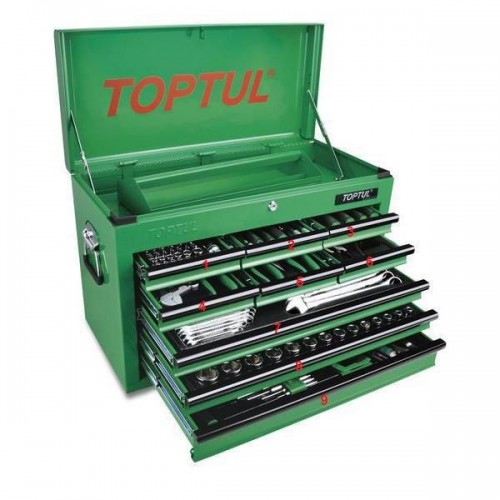 TOPTUL - Метално куфарче, зелено, 9 чекмеджета оборудвани - GCBZ186A - TOPTUL - професионални ръчни инструменти за автосервизи1-во чекмеджеBAEA0804-0814 - Вложки – шестостен, 1/4“ - 4,4.5,5,5.5,6,7,8,9,10,11,12,12,14 mmBB TOPTUL - Метално куфарче, зелено, 9 чекмеджета оборудвани - GCBZ186A -